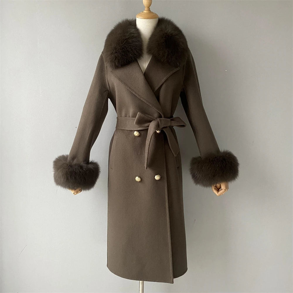 Jxwatcher Cashmere Lã Casaco Primavera Real Fox Colarinho Casaco de Lã de Trincheira Mulheres Inverno Casaco Quente Venda Longo Estilo Casacos de Lã