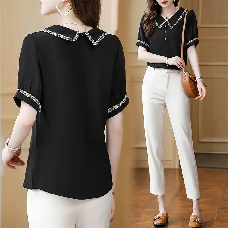 Blusas e Camisas Femininas Chiffon Roupa Social de Manga Curta Gola Formal para Trabalho Escritório Moda Preta Feminina Novidade 2025