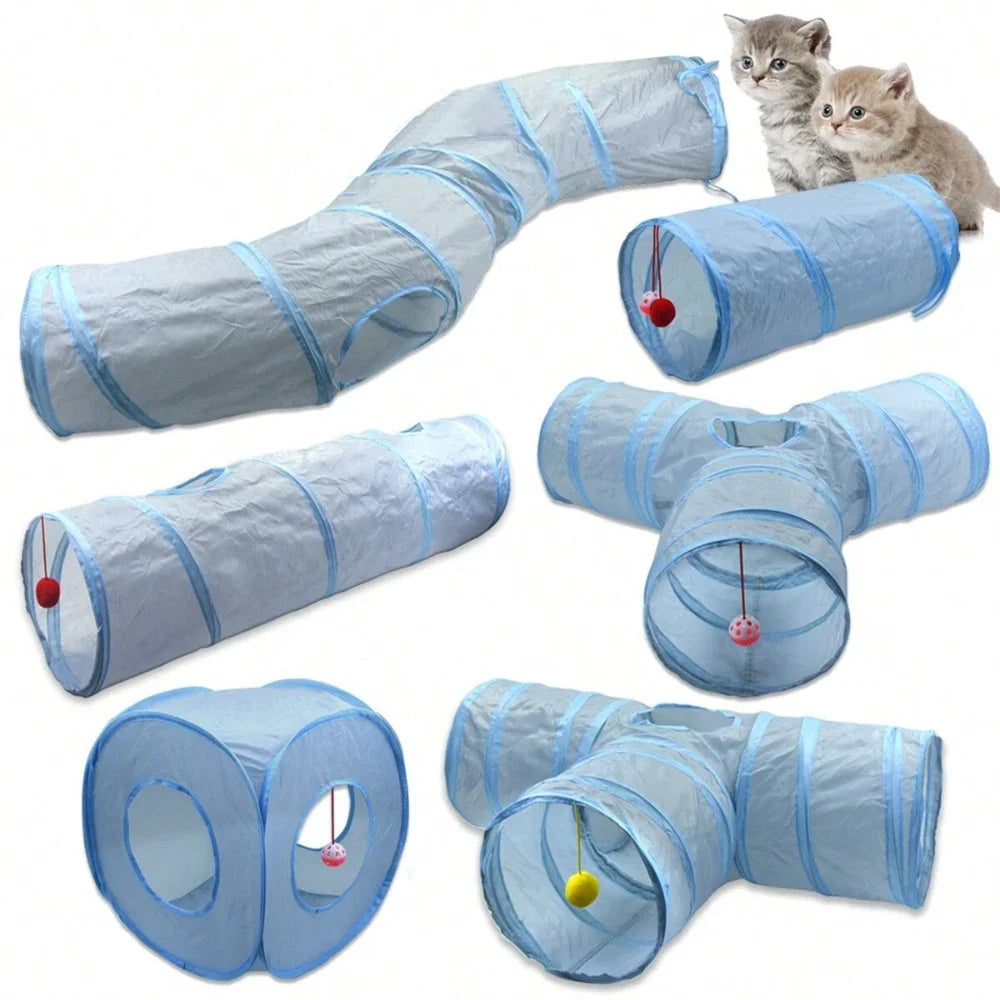 Túnel Tubo Dobrável para Gatos de Estimação 3 Vias Cinza Brinquedo Túnel para Gatinhos com Buraco de Espreitar Brinquedo Interativo de Treinamento para Animais de Estimação