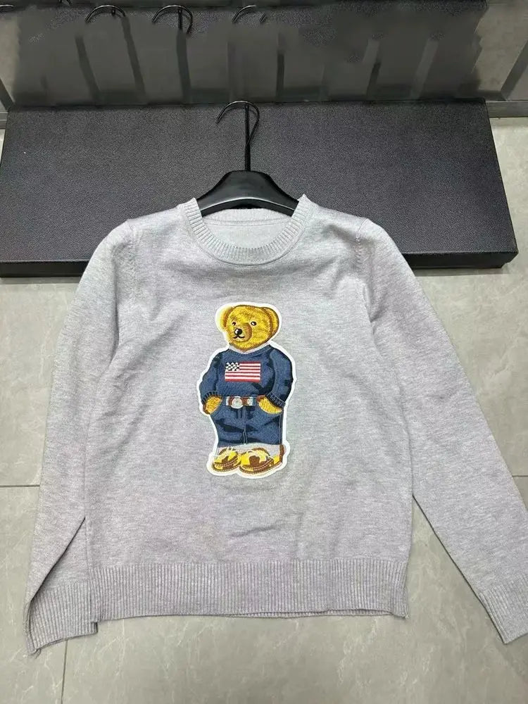 Camisola Suéter Tricotada Urso Bordado Luxo Francês de Rua Para Mulheres Moda Casual Tricô Blusas Pull Femme