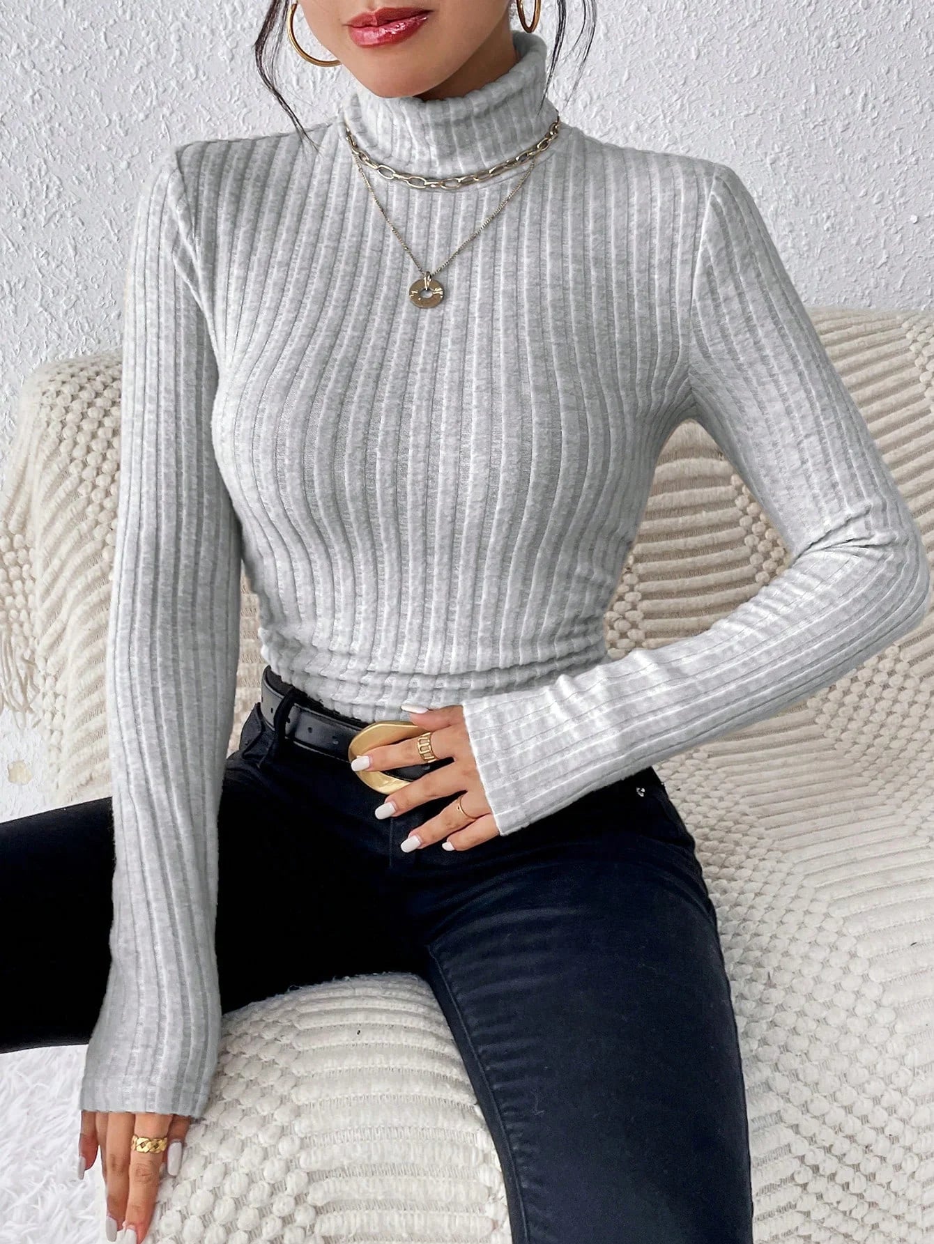 Blusa de malha canelada escovada de manga comprida, gola alta, cor sólida, casual e elegante, para outono e inverno