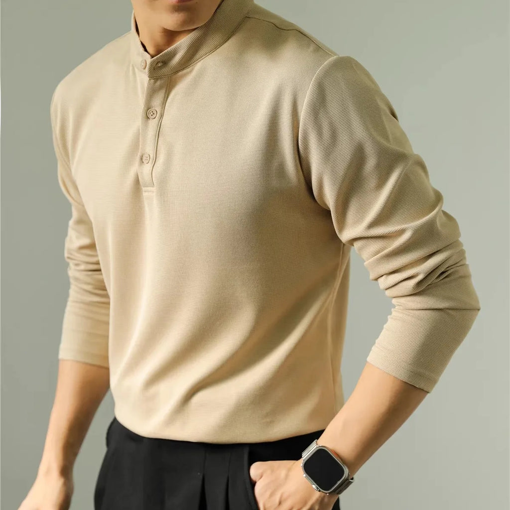 Polo Masculina de Luxo Manga Longa Gola Padre Lisa com Abertura Henley Casual Executiva.M-4XL
