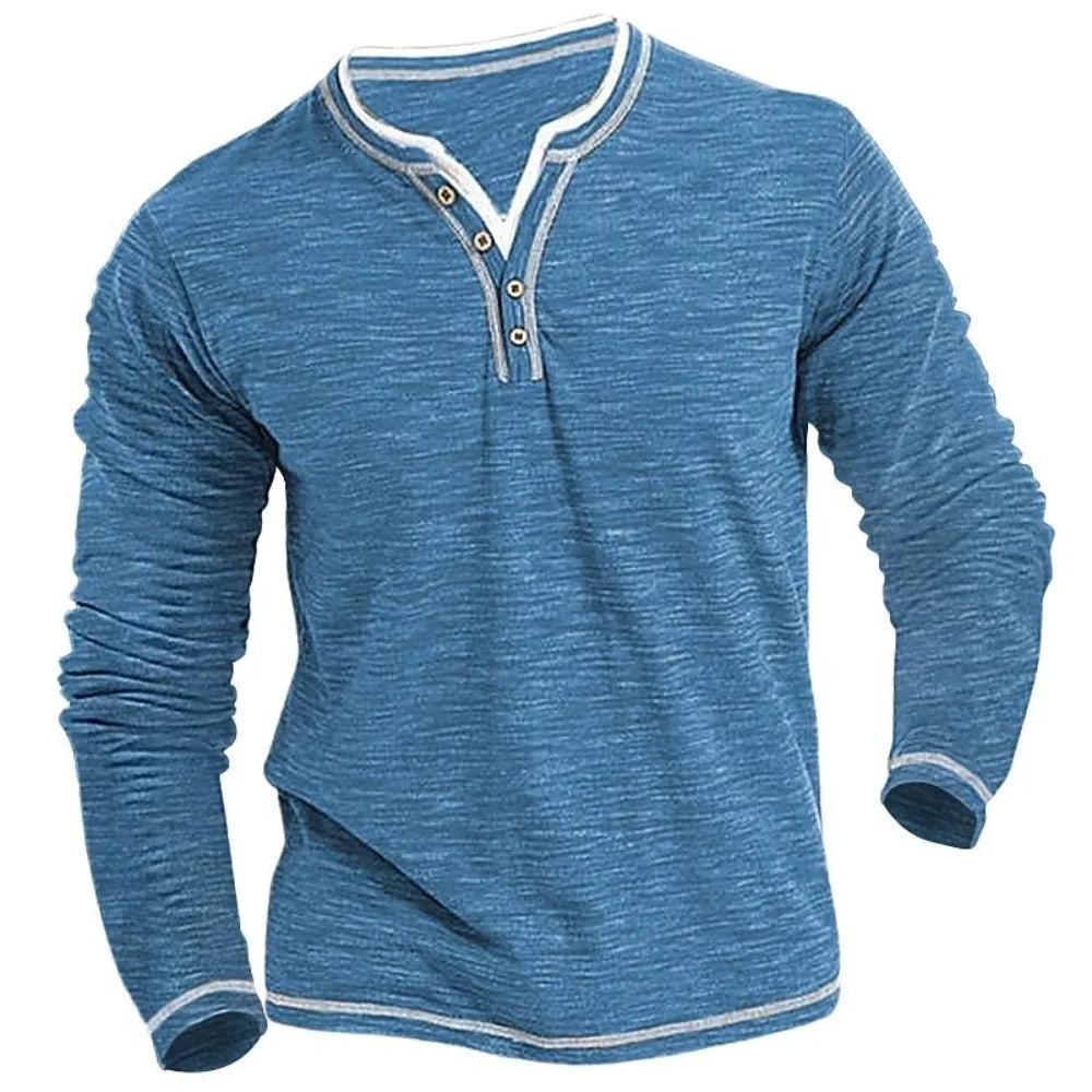 Camisetas Masculinas de Algodão Pequeno Gola V Nova Camiseta Masculina Casual Outono Inverno Confortável Macia Elástica Henley de Manga Comprida