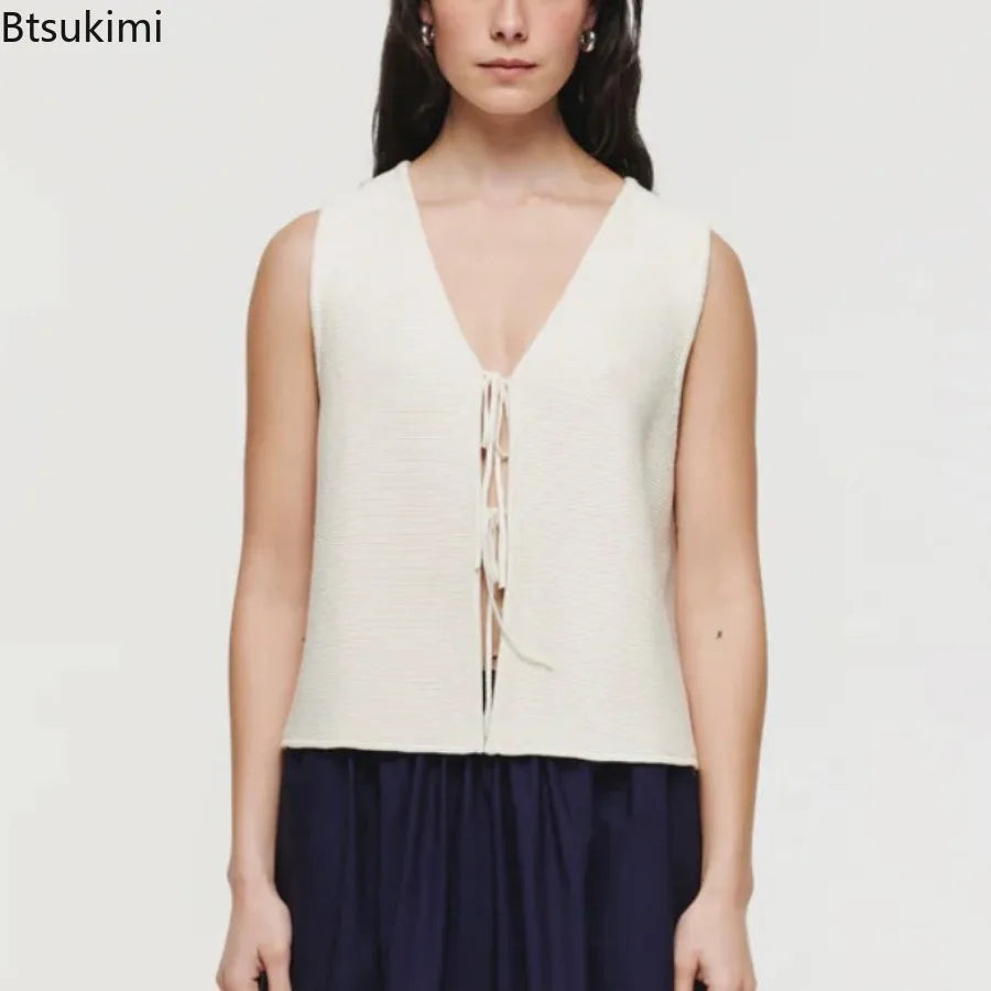 Colete Suéter Tricotado Casual Com Cadarço Top Feminino Sem Mangas Decote V Profundo Vazado Top Feminino Fashion Colete Feminino Folgado Versátil