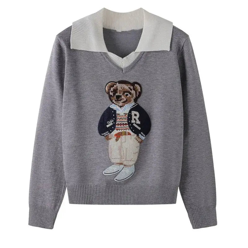Suéter Feminino de Tricô com Urso Bordado Estilo Francês de Luxo para Mulheres Blusas Casuais de Malha Suéter Pull Femme