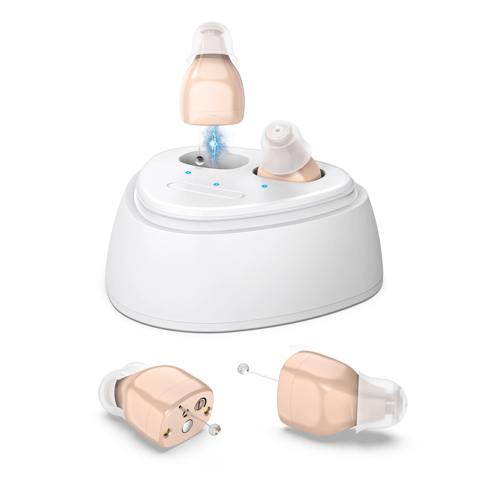 hearing earbuds amplifier, equipped with a USB charging dock, with adjustable volume, adult use as a hearing earphones aids.