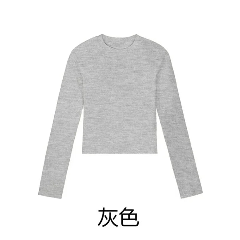 Cotton O Neck Long Sleeve Shirt Women Sexy Cropped Tops 2026 Autumn Black Casual Skinny Slim Basic Woman T Shirts White Clothing - White M