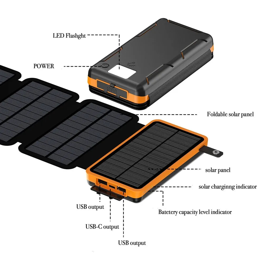 Power Bank Solar Dobrável 50000mAh Portátil 4 Painéis Solares