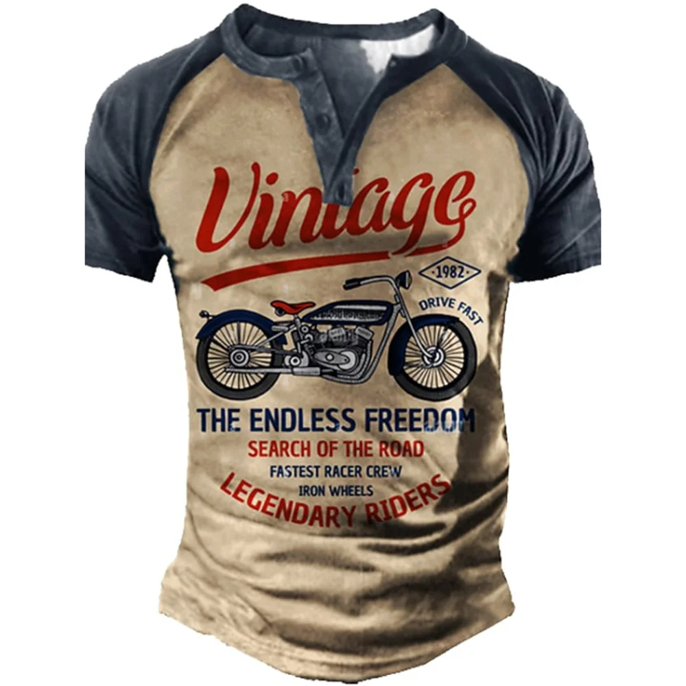 Motorcycle Impressão 3D Vintage Henley Camisas Masculinas Casuais Moda Streetwear Superdimensionada Camiseta Manga Curta Masculina Tops Roupas