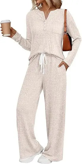 Women's Ribbed Knit Loungewear Set: Henley V-Neck Top Drawstring Wide Leg Pants