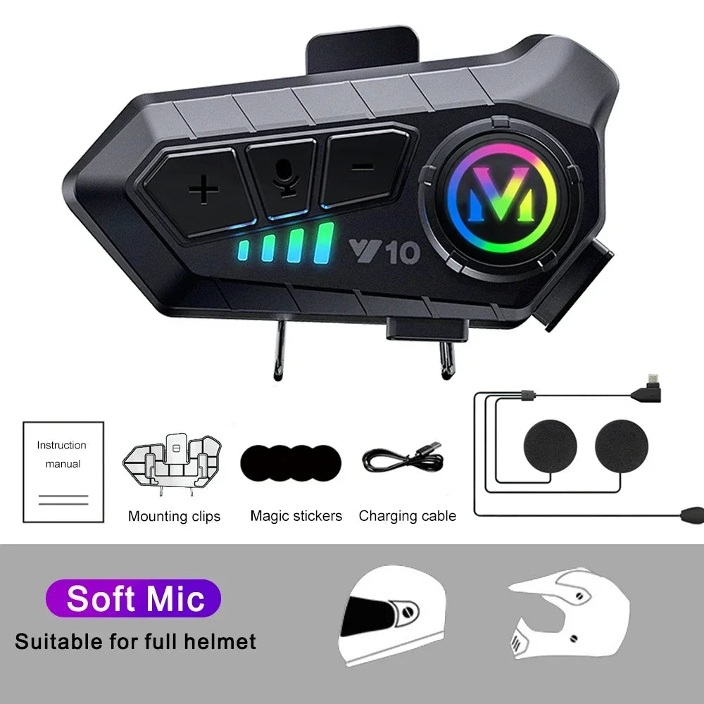 Y10 Fone de Ouvido Bluetooth 5.3 para Capacete de Moto com Luzes Coloridas Fone de Ouvido Sem Fio Impermeável Fone de Ouvido Mãos-Livres Impermeável