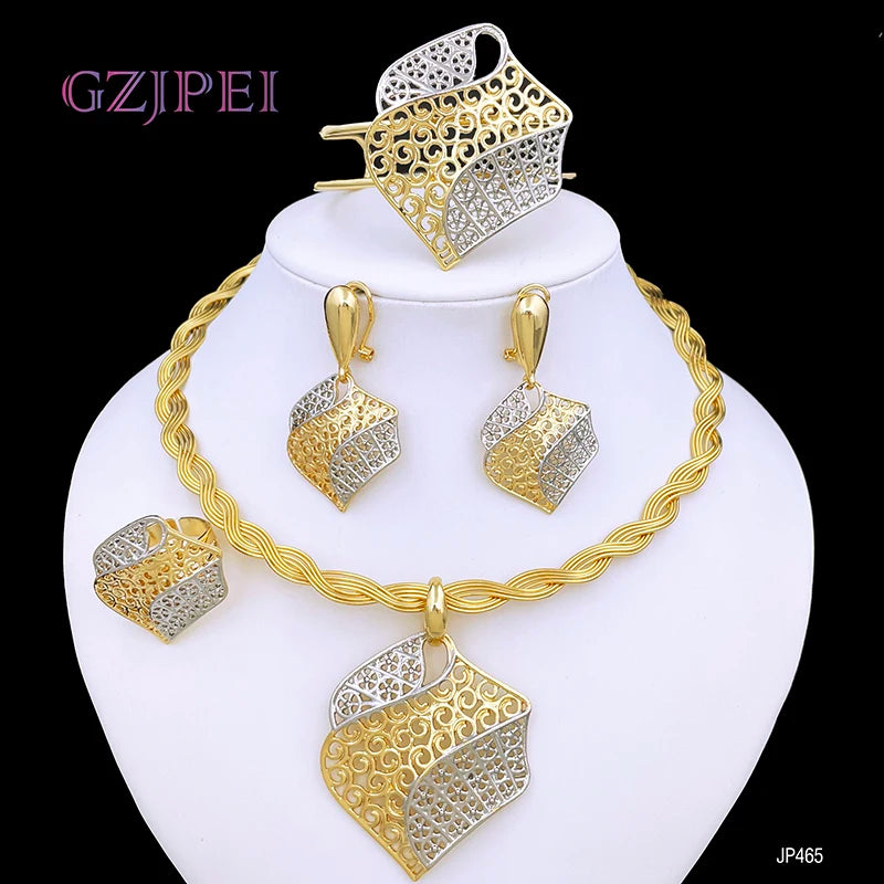 Elegant Italian Dubai Jewelry Sets Luxury Design Full Set Party Jewelry Two Tone Necklace Earrings Bracelet And Ring 2025 New