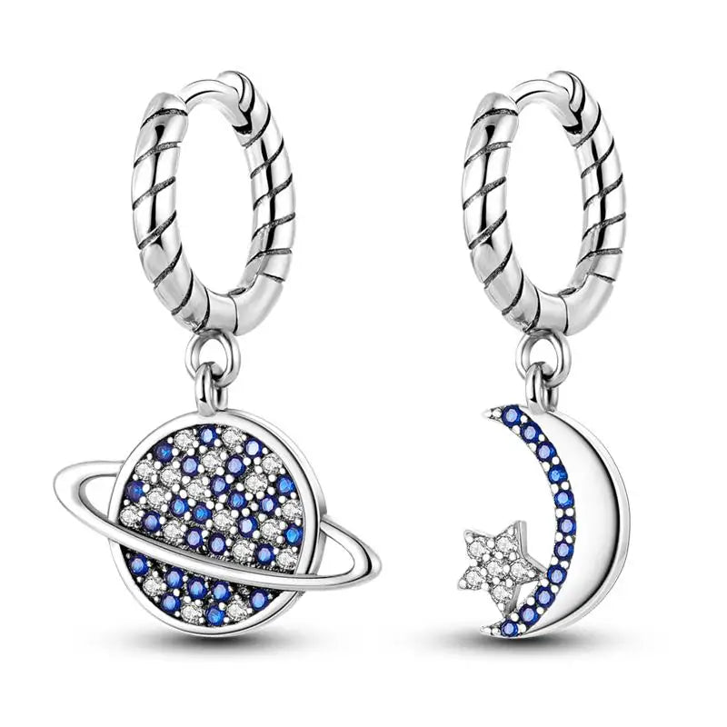 925 Sterling Silver Moon Universe Starry Sky Series Charm Earrings Women Blue Shiny Zircon Daily Wear Jewelry