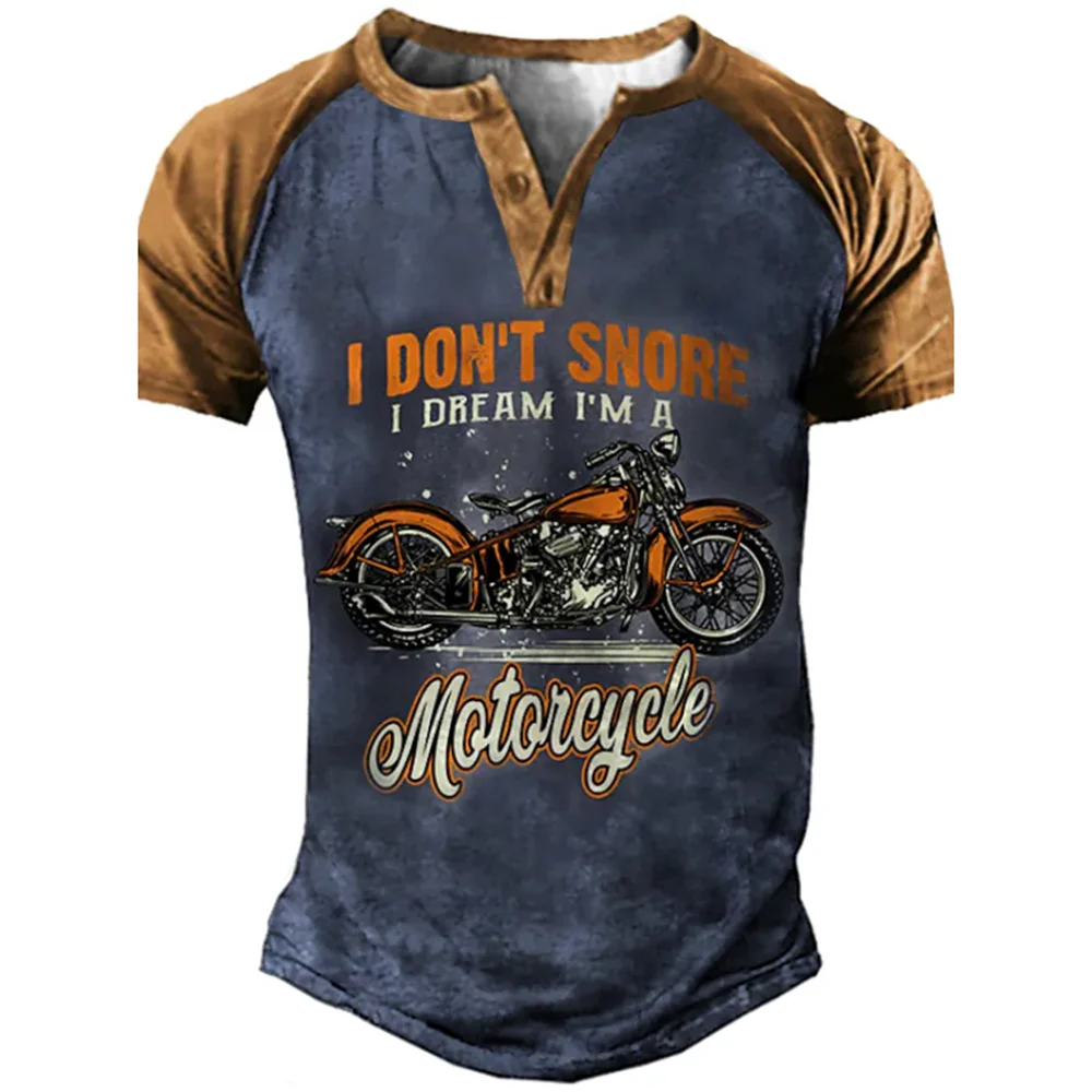 Motorcycle Impressão 3D Vintage Henley Camisas Masculinas Casuais Moda Streetwear Superdimensionada Camiseta Manga Curta Masculina Tops Roupas