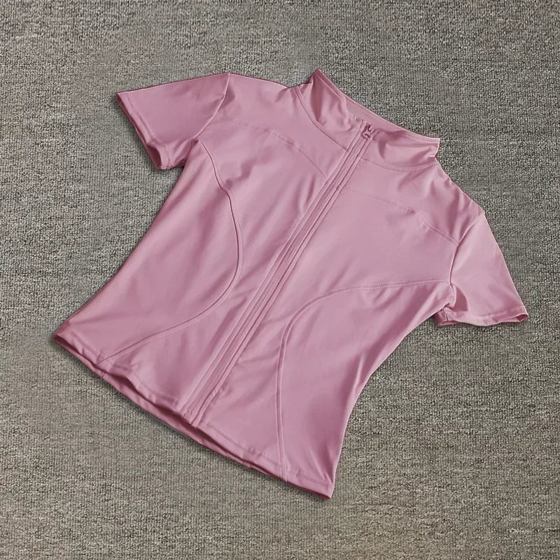 Verão de Alta Qualidade Modelador de Cintura Tops de Treino Feminino de Secagem Rápida Justo Gola Alta Zíper Completo Manga Curta Camisas de Yoga