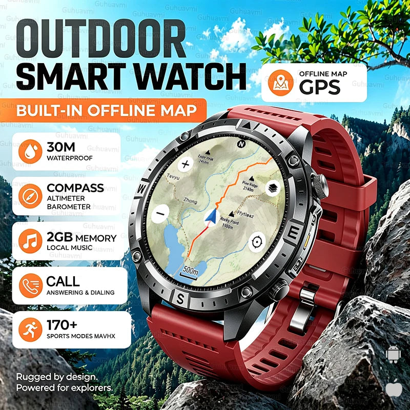 2026 Mapa Offline Novo Smartwatch 3ATM à Prova D'água GPS Navegação Bússola Altímetro Lanterna Masculino 170+ Esportes Pulseira Masculino Feminino