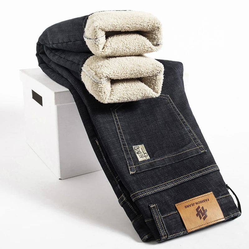 Inverno Cordeiro Flanela Jeans Reto Masculino Engrossar Tamanho Grande 40 Calças Jeans Cintura Alta Jeans Elástico Forrado de Lã Quente Slim Vaqueros