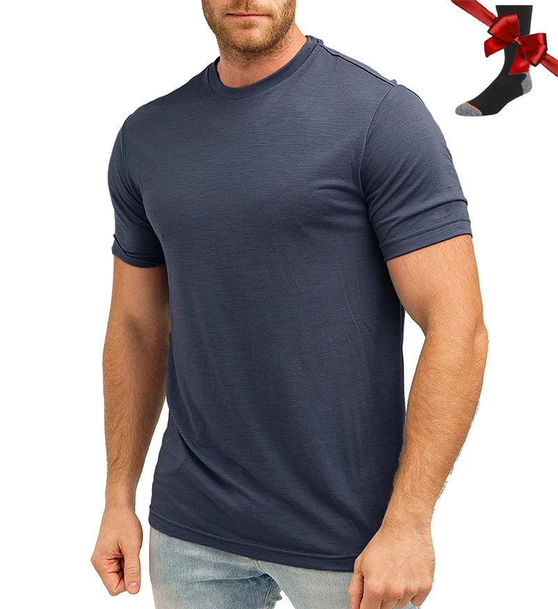 Camiseta Masculina 100% Lã Merino Super Fina Camada Base de Lã Merino que Absorve a Umidade Respirável de Secagem Rápida Antiodor + Meias de Lã Merino