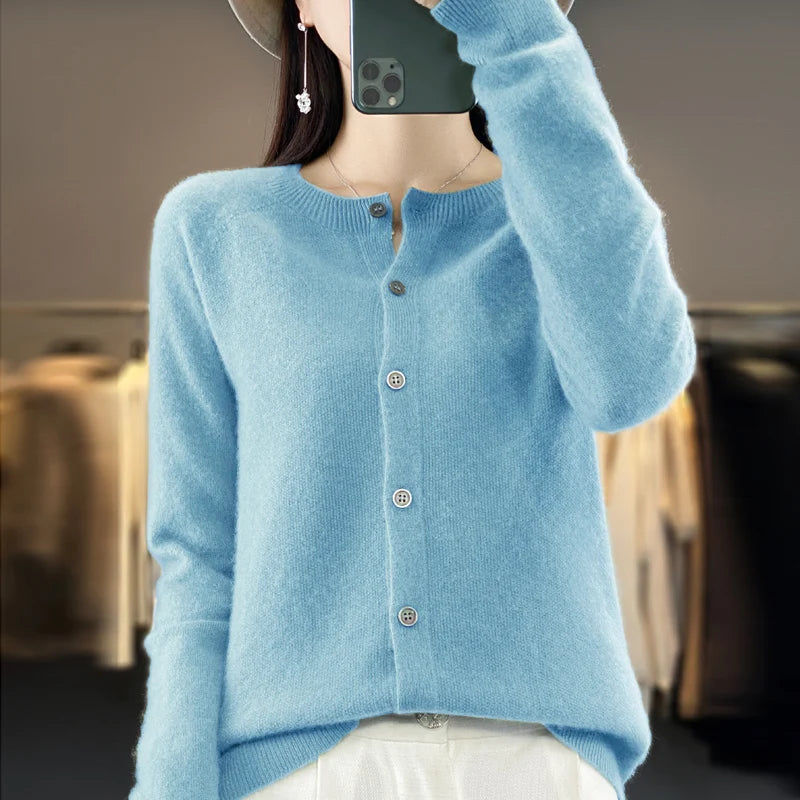 Cardigã Feminino de Lã Merino 100% Cashmere, Suéter para Outono Inverno, Gola Redonda, Manga Longa, Malha Feminina, Roupas Básicas, Blusas - Shumei XXL