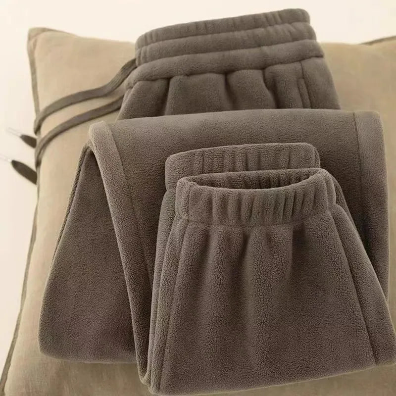 Calças Esportivas Femininas de Inverno Dupla Face com Forro Grosso Coreanas Elegantes Calças Compridas de Viagem Calças Casuais de Fibra de Poliéster