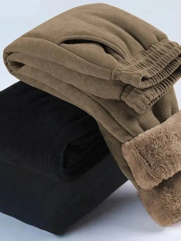 Calça Feminina Extra Grossa de Algodão Quente Forrada em Fleece, Cintura Alta, Calça de Inverno Grossa para Mulheres, Tamanhos Grandes, Calça Longa com Elástico na Cintura