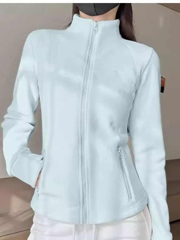 Cardigã Curto Feminino Slim Fit com Forro de Lã Gola Alta Grossa Modelagem de Cintura Moda Outono Inverno Casaco
