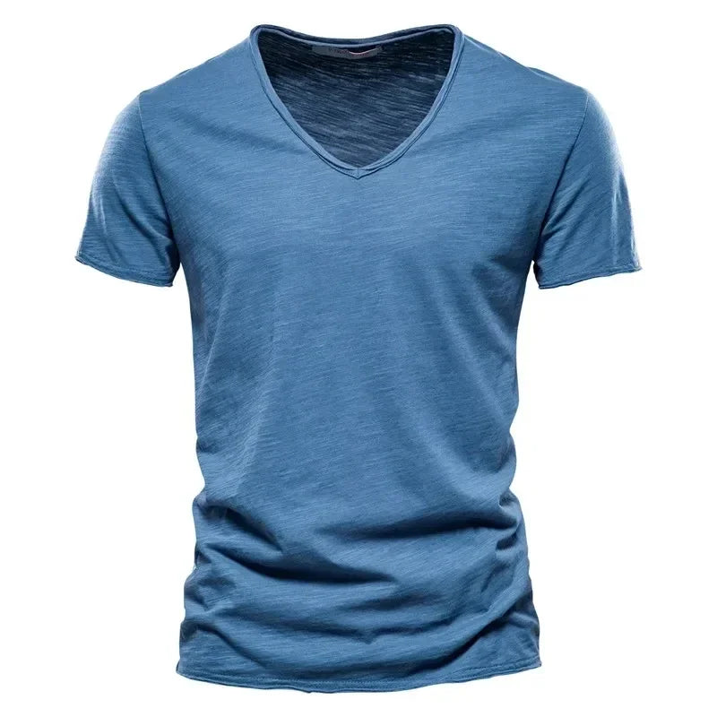 Men's 100% Cotton V-Neck T-Shirt Slim Fit Short Sleeve Fashion Fitness Tee S-5XL