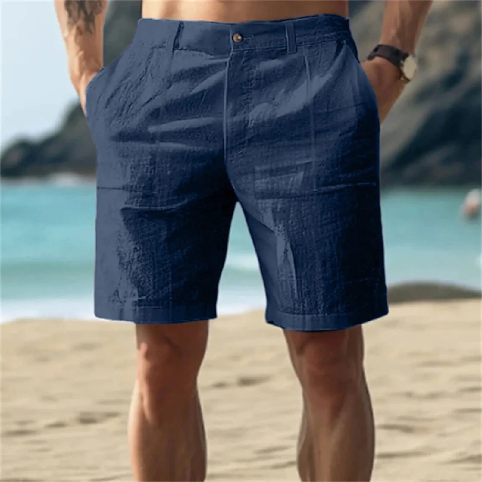 Calças Masculinas de Linho com Cor Sólida Casuais para Praia, Respiráveis, Confortáveis e Retas, Curtas, Estilo Havaiano para Férias de 2025
