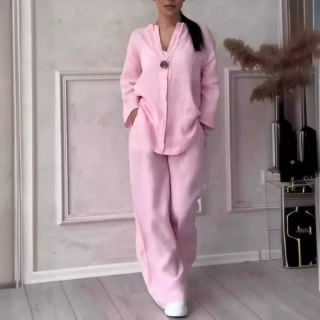 Conjunto de Linho e Algodão 2 Peças Blusa de Manga Comprida Solta com Botão e Calça Pantalona Larga de Cintura Alta Elástica NMD-3021