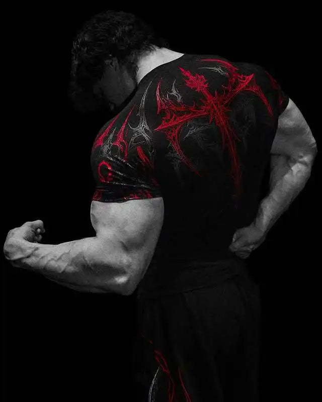 Men's Gothic Print Muscle Tee High Elasticity Quick-Dry Bodybuilding Training T-Shirt