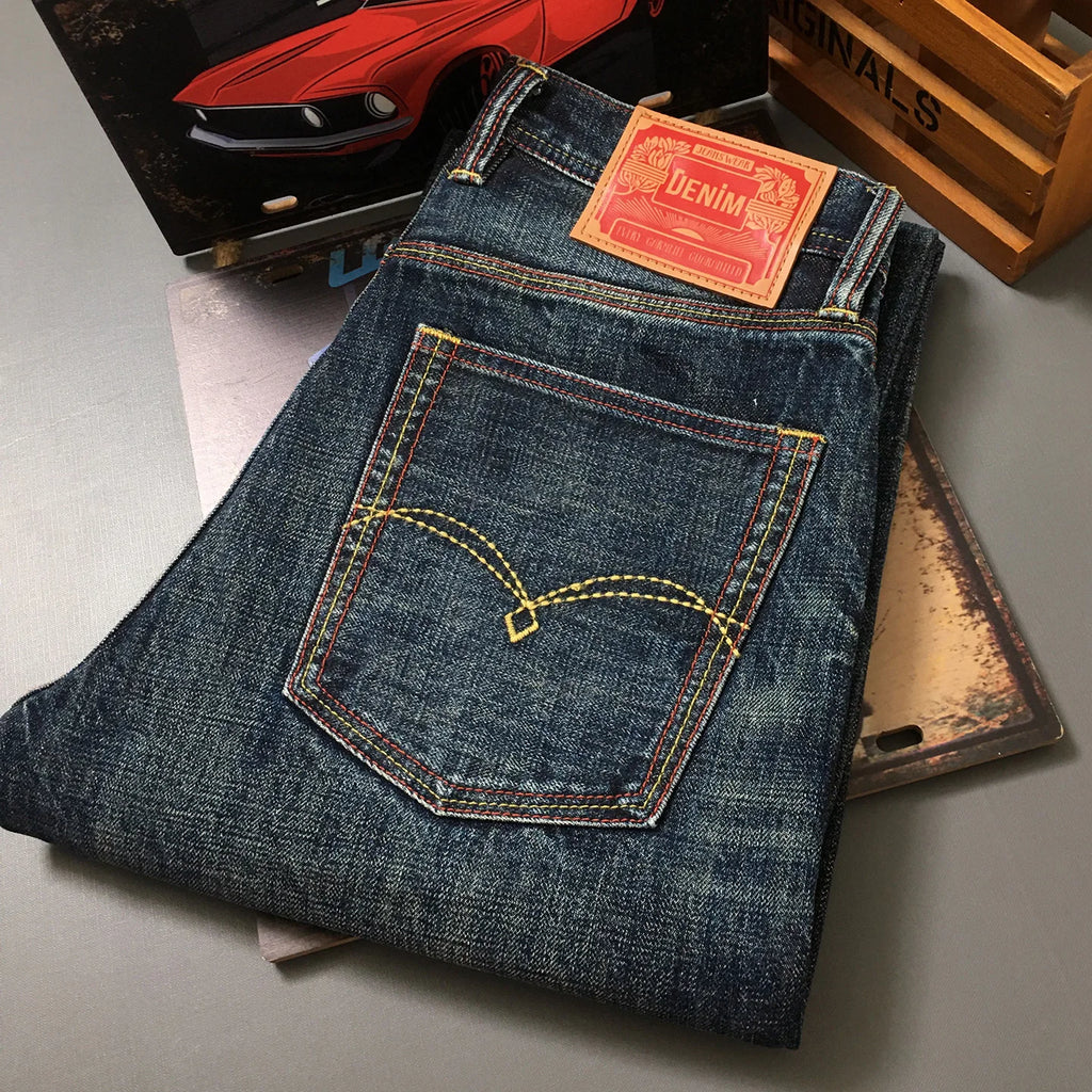 Calça Jeans Masculina American Vintage Casual Primavera Outono Solta Reta de Sarja Selvedge Amarela Lavada 100% Algodão de Alta Qualidade