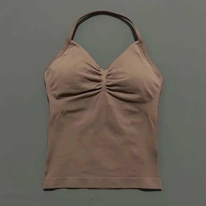 Conjuntos de Academia Femininos 2 Peças Impacto Sem Costura Fitness Yoga Roupa Esportiva Halter Top Shorts Roupa de Treino Corrida Roupa de Academia