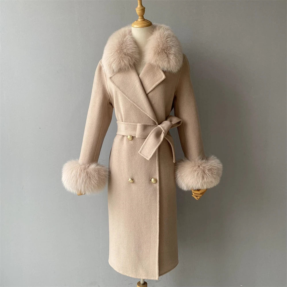 Jxwatcher Cashmere Lã Casaco Primavera Real Fox Colarinho Casaco de Lã de Trincheira Mulheres Inverno Casaco Quente Venda Longo Estilo Casacos de Lã