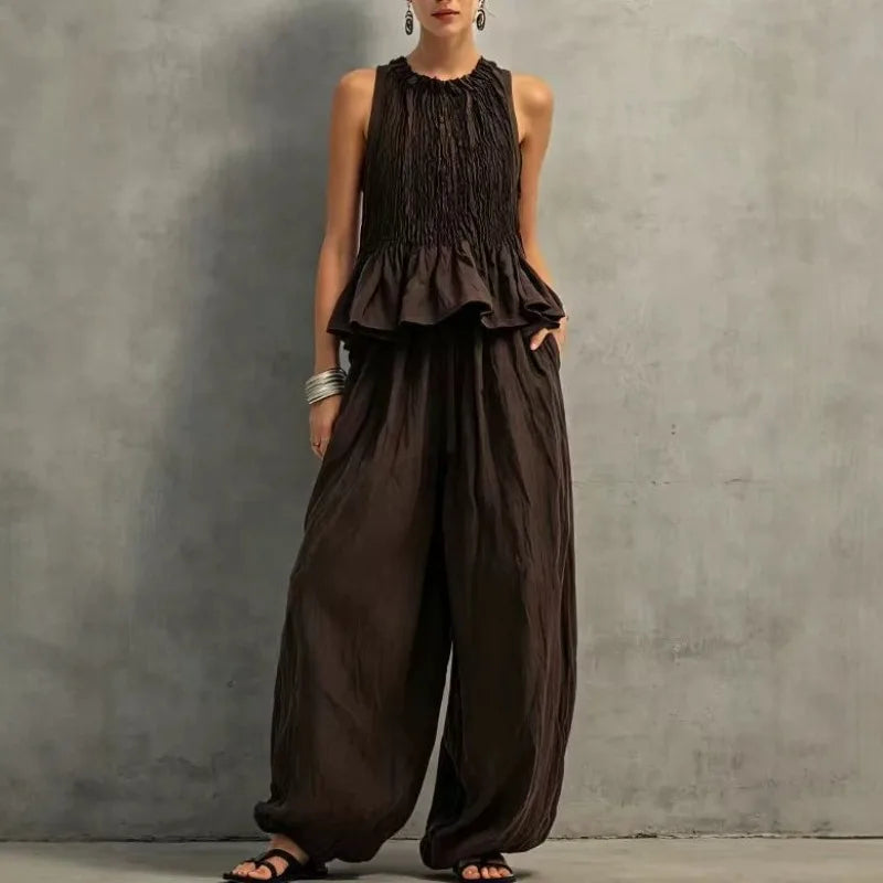 Conjunto Feminino Vintage 2 Peças Retrô, Blusa Plissada com Elástico Franzido sem Mangas e Calças Wide Leg com Manga Bufante, Conjunto Casual de Verão para Descansar em Casa