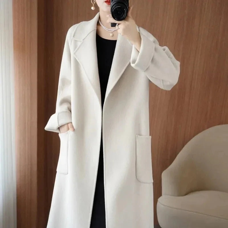 Sobretudo 100% Lã Feminino 2026 Moda Outono/Inverno Temperamento Casacos de Cashmere Dupla Face com Cinto Sobretudo Longo Elegante