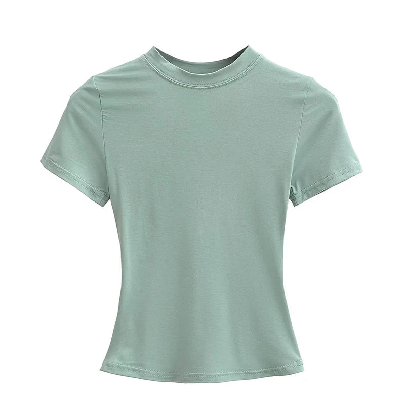 2025 Nova Camiseta Casual de Alta Qualidade Sexy Slim Manga Curta Tendência da Moda Cor Sólida Roupa Feminina Blusas Y2K 2 - Caqui M