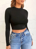 Camiseta Feminina Manga Comprida Básica Lisa Casual Preta Branca Top Curto Fashion Camiseta Feminina Moda Coreana - preto P
