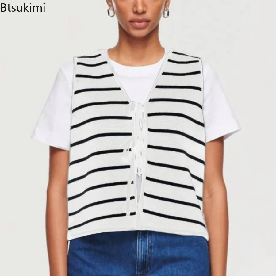 Colete Suéter Tricotado Casual Com Cadarço Top Feminino Sem Mangas Decote V Profundo Vazado Top Feminino Fashion Colete Feminino Folgado Versátil