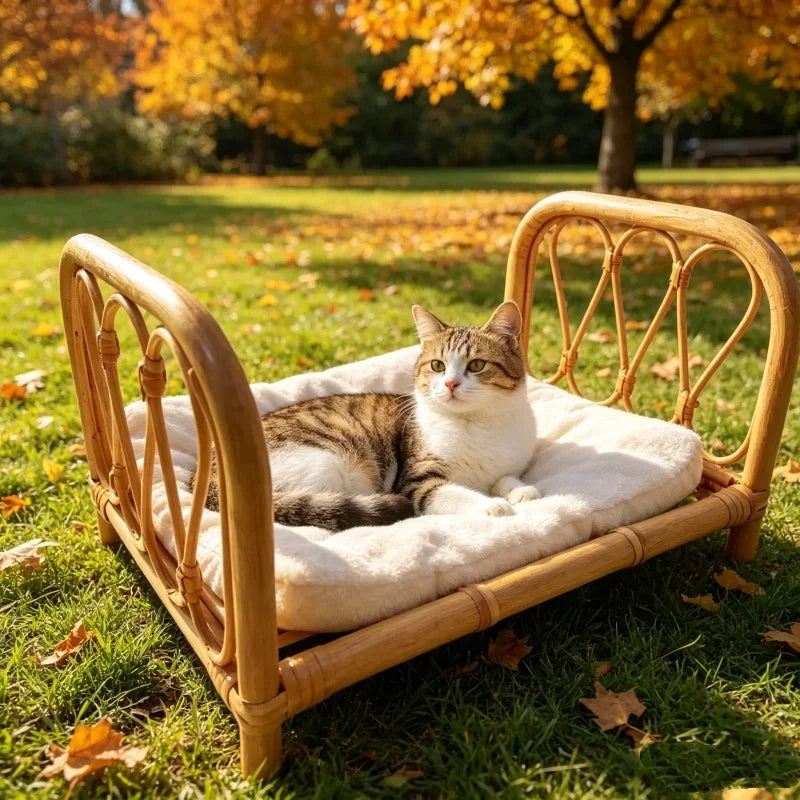 Natural Rattan Cat Bed Frame Handwoven Cat Photography Prop Wicker Pet Sofa Bed for Indoor Cats Mini Photo Shoot Bed for Kittens