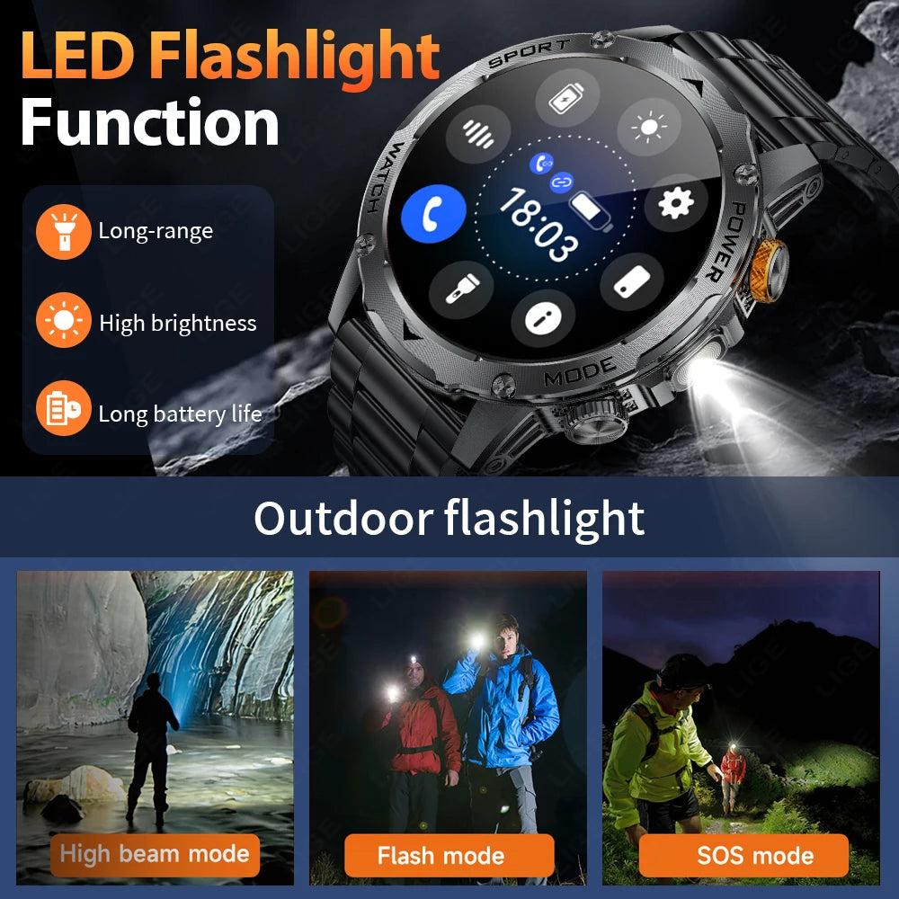 LIGE Novo Smartwatch Masculino Bateria de Grande Capacidade 1000mAh Lanterna Externa Chamada Bluetooth À Prova D'água Esportivo Fitness Smartwatch