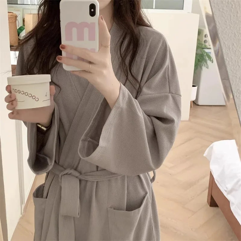 Robe luxuoso com textura Waffle: Robe feminino de manga longa, verão, roupa de dormir, camisola, roupa de dormir