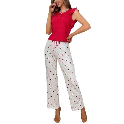 2026 Women's Loungewear Love Printed Trousers Ruffle Edge Casual Pit Strips Can Be Worn Outside