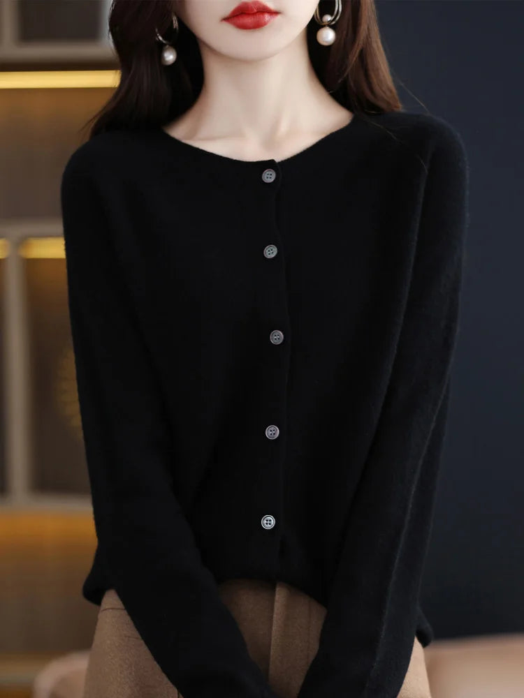 Suéter de cashmere feminino 100 lã merino cardigã de malha Outono Inverno O Pescoço Cor Sólida Casual Fashion Top 1 - Azul Changchunhua L