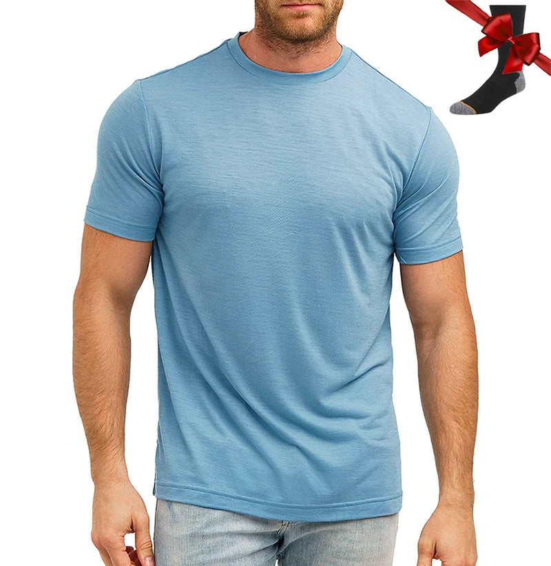 Camiseta Masculina 100% Lã Merino Super Fina Camada Base de Lã Merino que Absorve a Umidade Respirável de Secagem Rápida Antiodor + Meias de Lã Merino