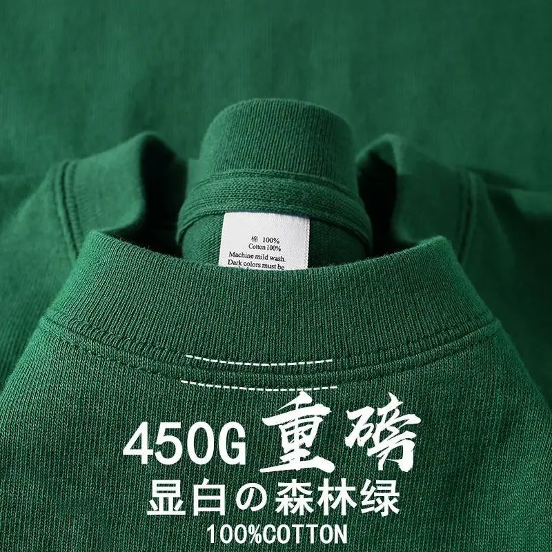 American 450g Heavy Cotton Short-sleeved T-shirt Men's and Women's Solid Color Loose Round Neck Top Bottoming Shirt Half-sleeved