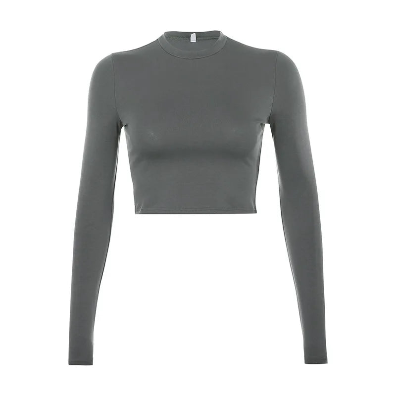 Camiseta Feminina Manga Comprida Básica Lisa Casual Preta Branca Top Curto Fashion Camiseta Feminina Moda Coreana - preto P