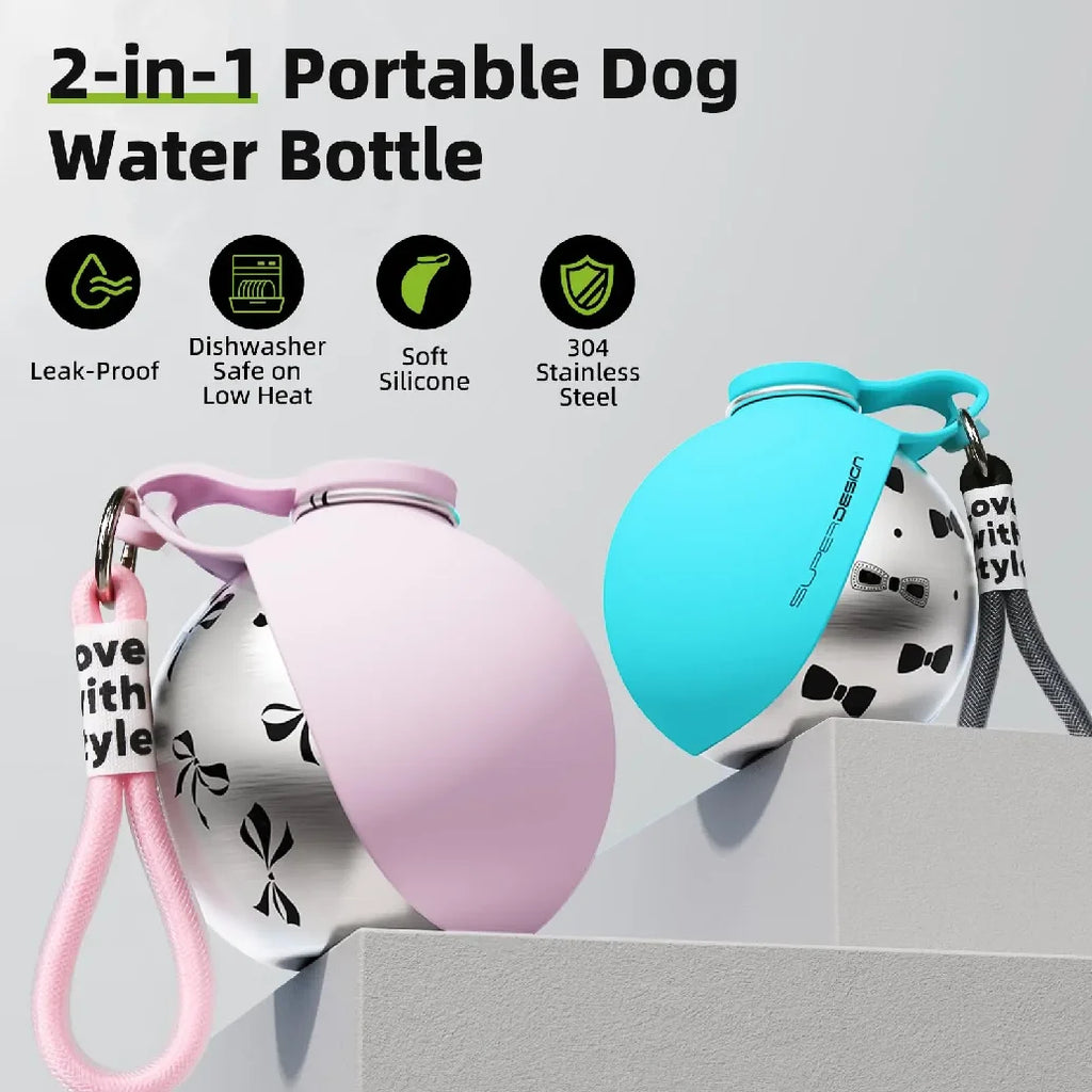 Garrafa de Água Portátil 2 em 1 para Cães Pequenos - Garrafa de Água de Viagem para Cães Compacta e à Prova de Vazamentos - Garrafa de Aço Inoxidável e Silicone