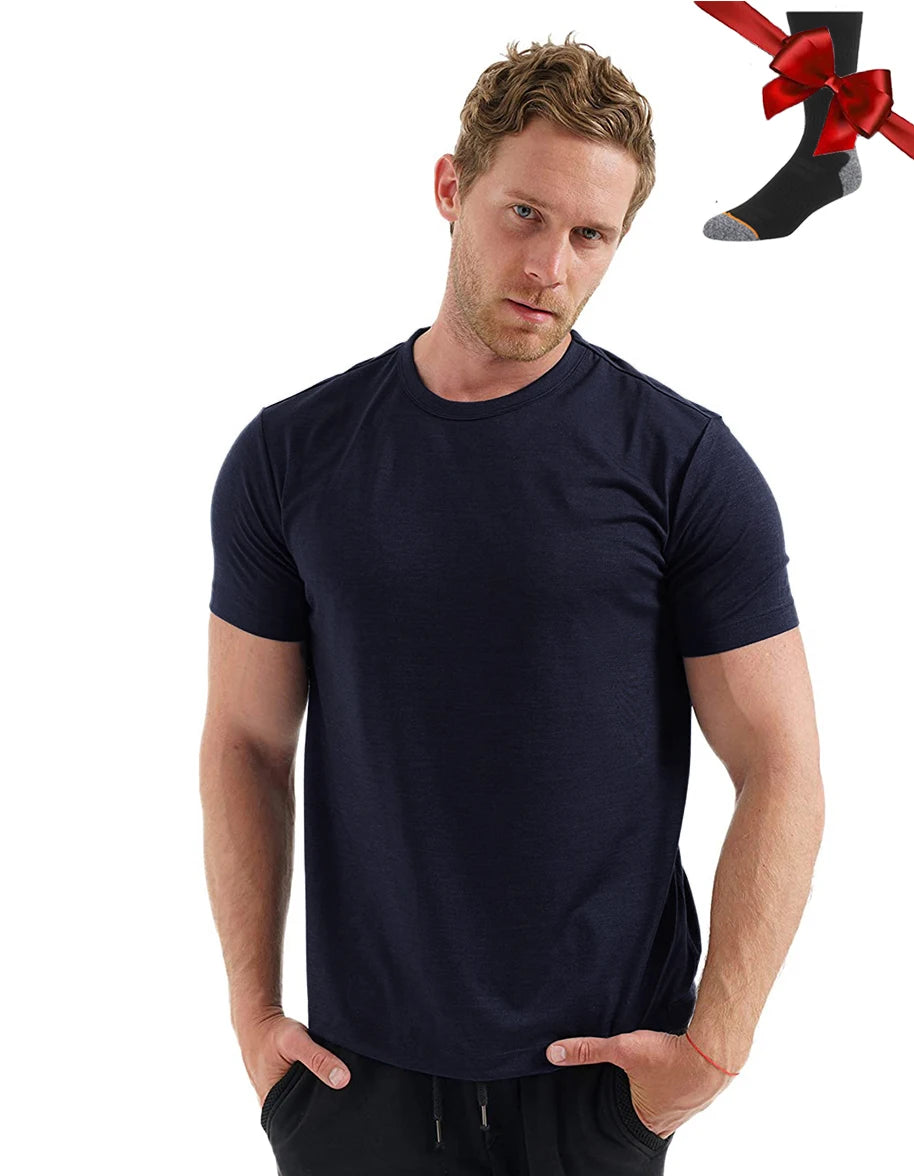 Camiseta Masculina 100% Lã Merino Super Fina Camada Base de Lã Merino que Absorve a Umidade Respirável de Secagem Rápida Antiodor + Meias de Lã Merino