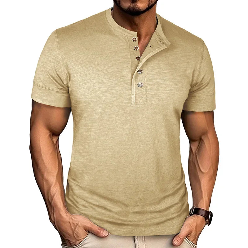 Camisetas masculinas de verão europeias e americanas, camisa Henley de algodão masculina de manga curta, camiseta masculina casual de gola redonda