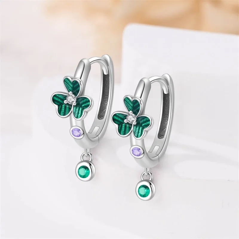 Brinco de Prata 925 Série Verde Trevo da Sorte, Incrustado em Pedra, Adequado para Presentes de Casamento Feminino, Noivado, Festa de Aniversário